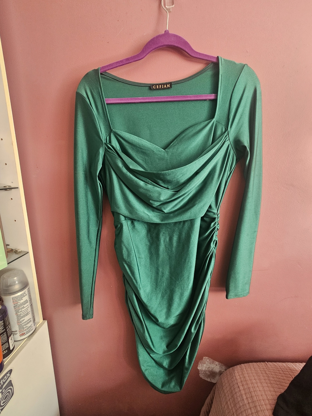 Emerald Green Long Sleeve Draped Bodycon Dress